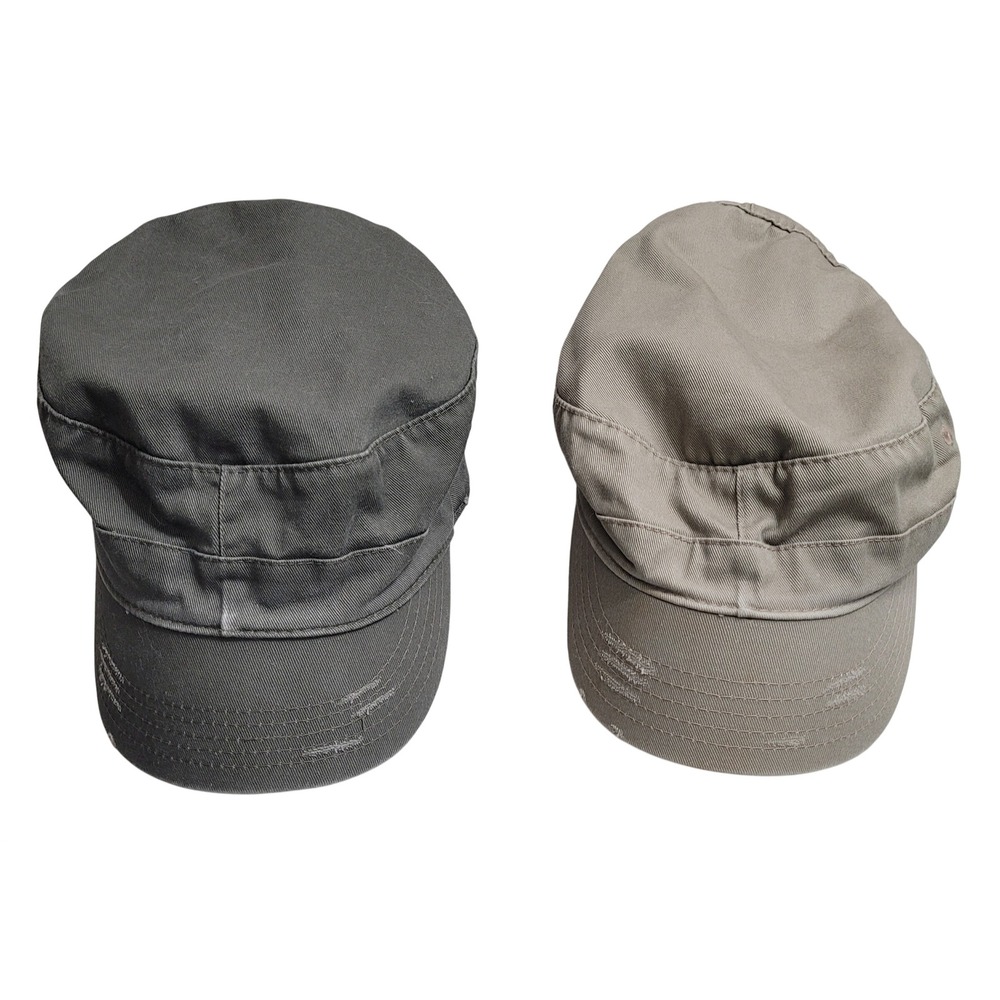 Scala Pronto Cadet Military Hats Set of 2 Gray Khaki Distressed Cotton OSFM